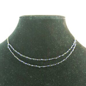 Vintage Double-Strand Blue Beaded Choker Necklace With Metal Chain & Hook Clasp